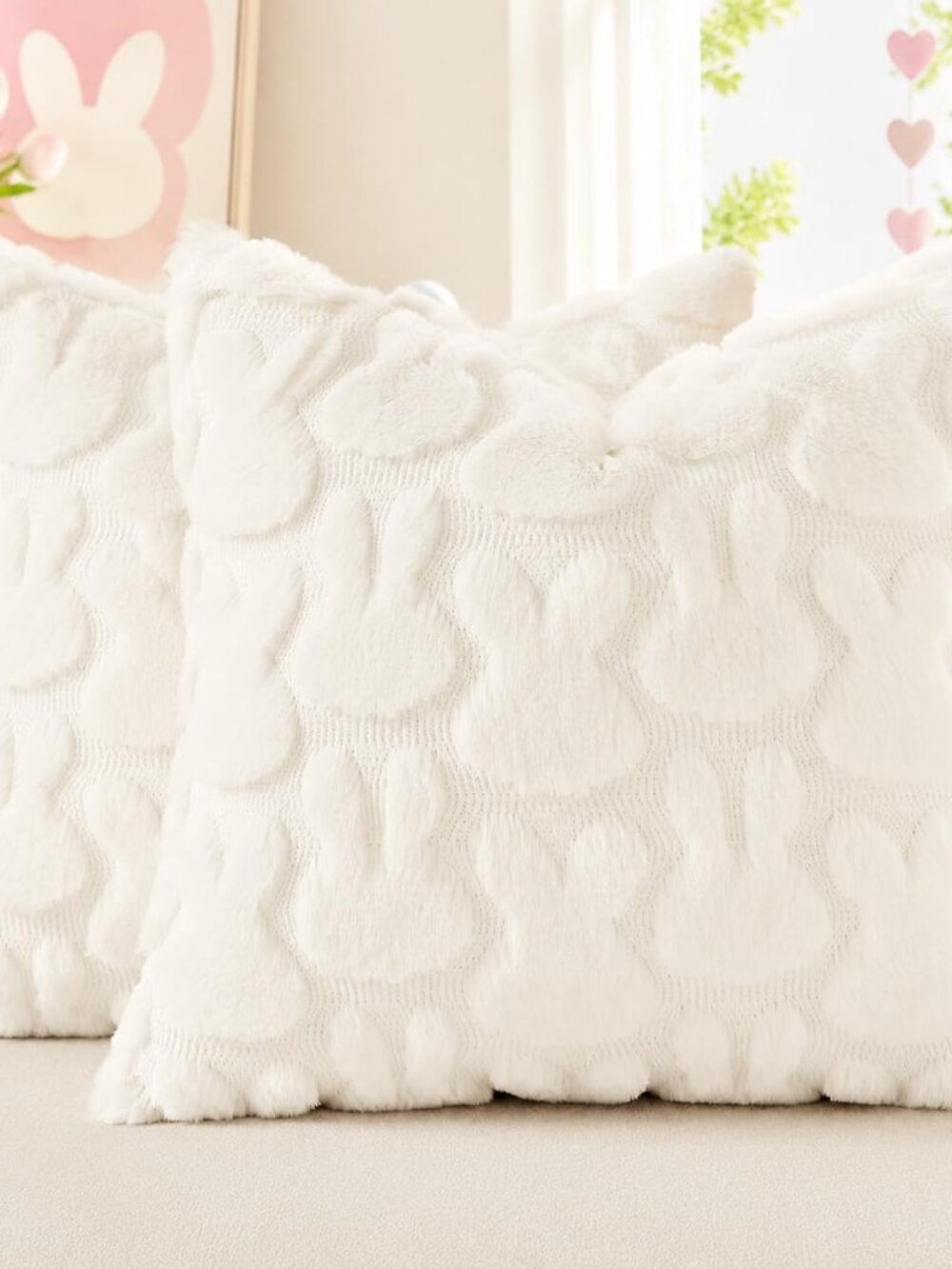Cream White Faux Fur Bunny Throw Pillow Covers 18x18 Set of 2